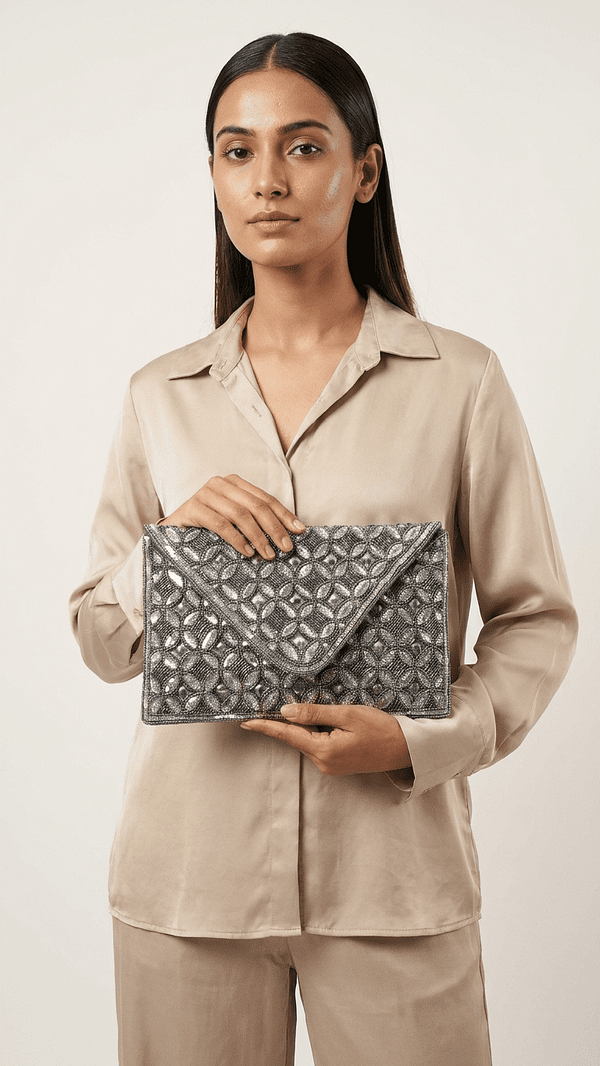 1 (4) Midnight Lattice Beaded Envelope Clutch