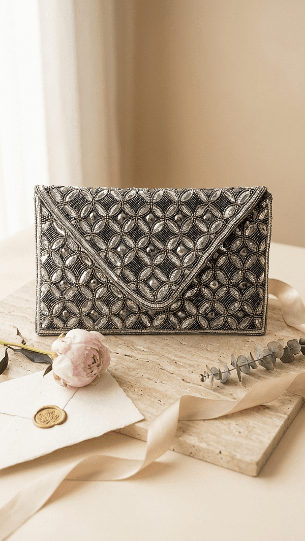 1 (6) Midnight Lattice Beaded Envelope Clutch