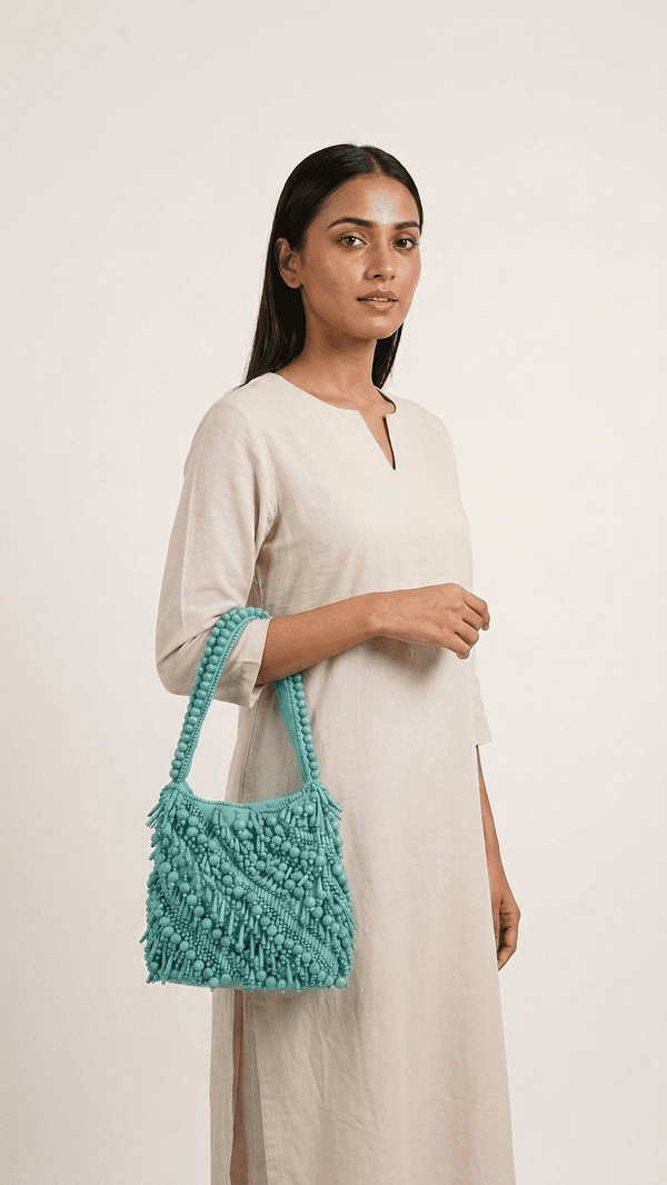 3 (3) Aqua Bloom Beaded Shoulder Potli