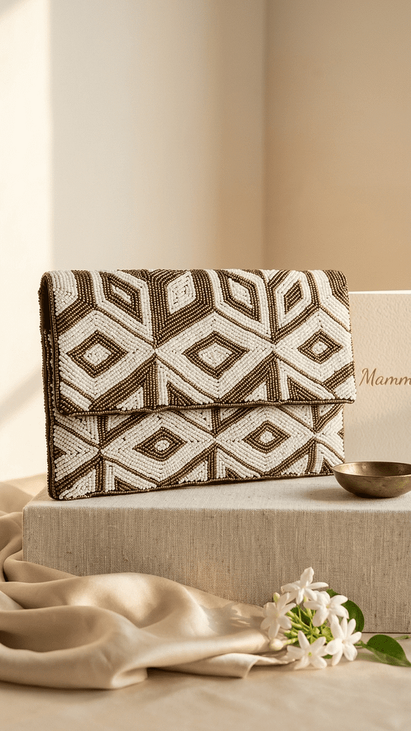 b Desert Geometric Beaded Clutch