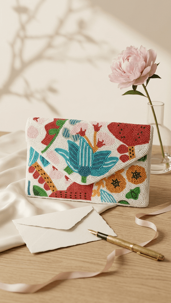 pomelli_photoshoot_image_9_16_0422 (3) Floral Beaded Envelope Clutch with Chain Strap