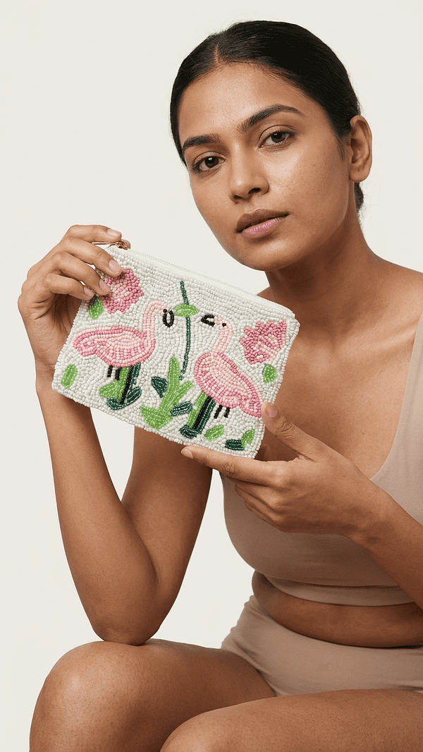 Flamingo Beaded Zip Coin Purse