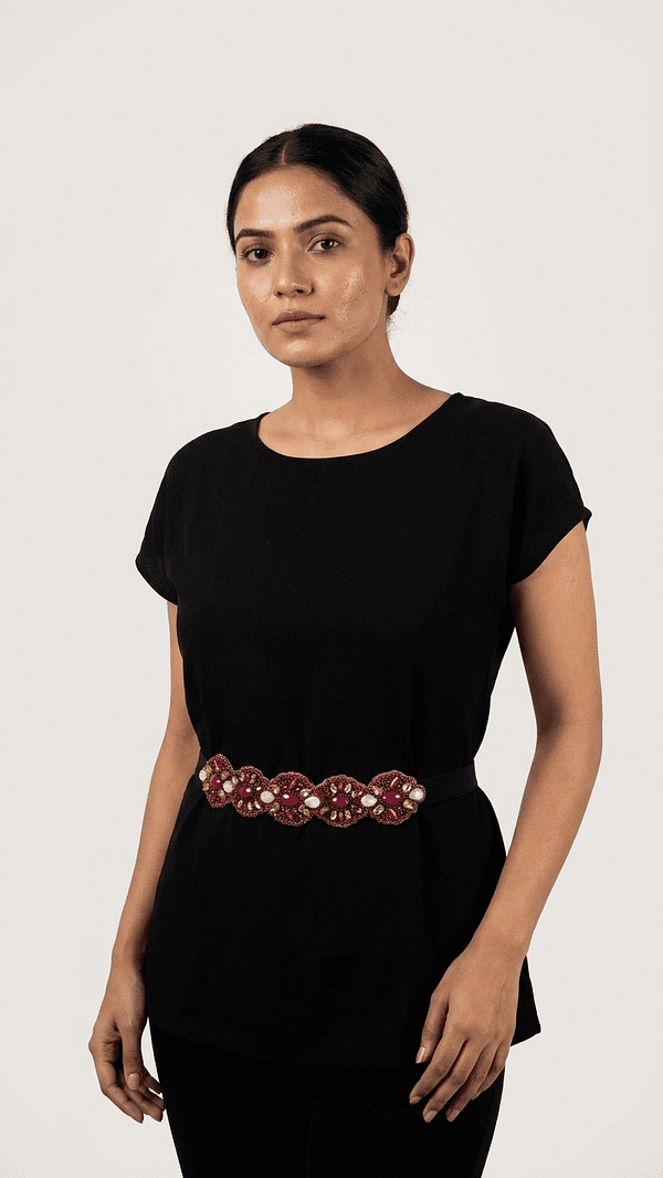 pomelli_photoshoot_image_9_16_0518 (31) Ruby Red Floral Embellished Stretch Waist Belt