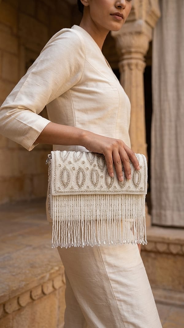 Pearl Cascade Fringe Clutch