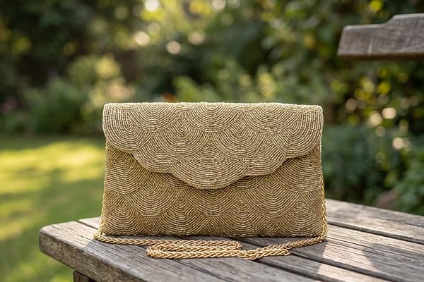 gf Golden Scallop Beaded Clutch Bag