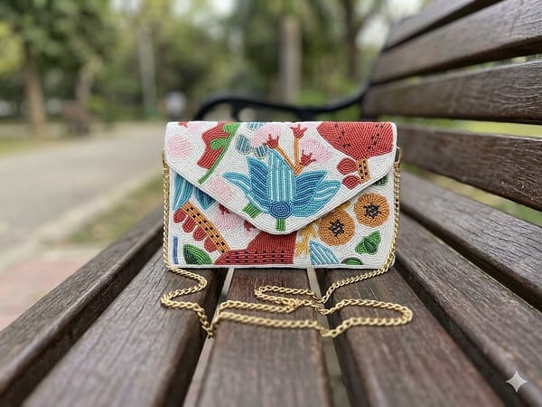 Untitled Floral Beaded Envelope Clutch with Chain Strap