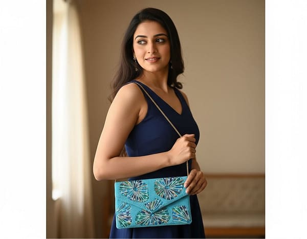 Blue Sunray Luxe Beaded Clutch