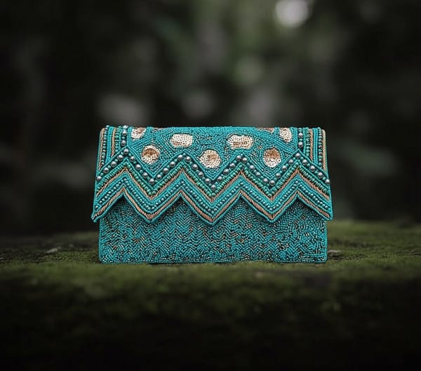 S Emerald Zigzag Beaded Clutch