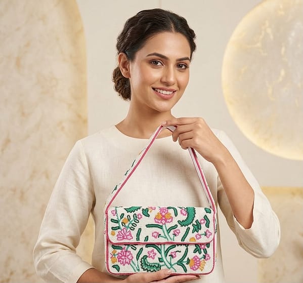 Elegant Hand-Beaded Floral Shoulder Bag