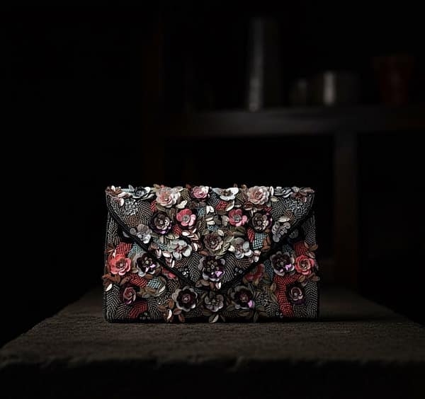 Midnight Bloom Handcrafted Floral Beaded Clutch