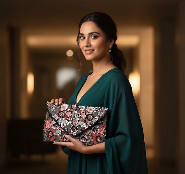 Midnight Bloom Handcrafted Floral Beaded Clutch