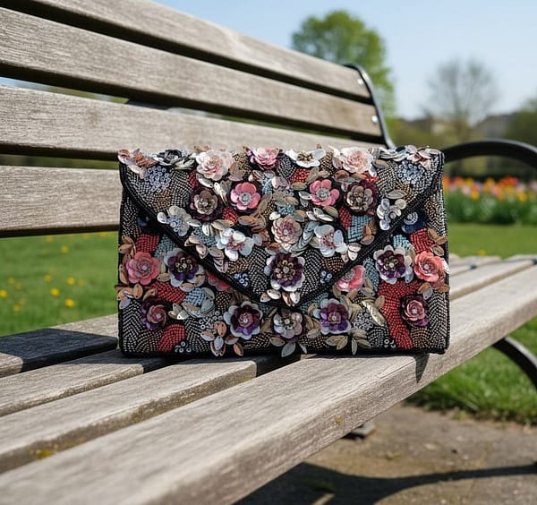 Midnight Bloom Handcrafted Floral Beaded Clutch