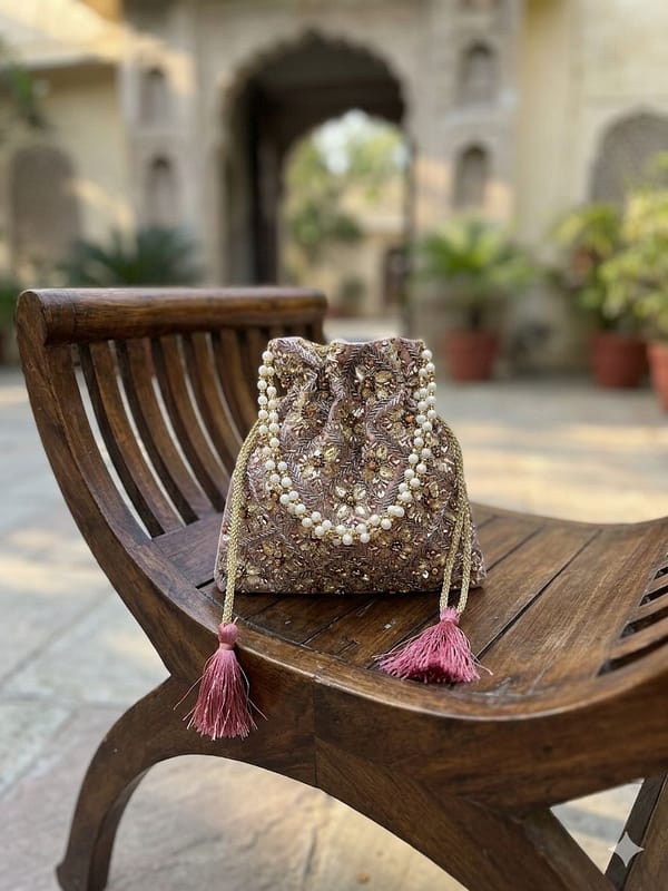 R Embellished Pearl Drawstring Potli Bag