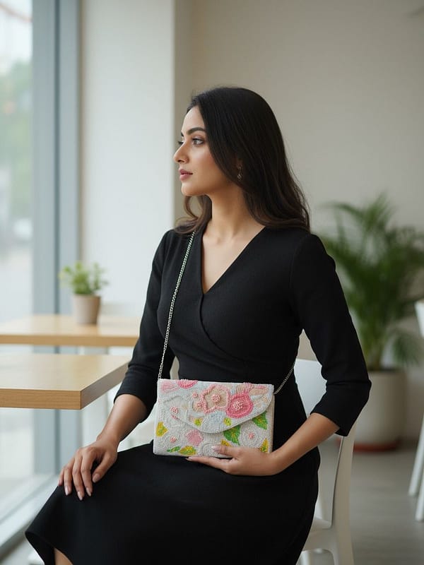 Ivory Bloom Handcrafted Floral Beaded Clutch