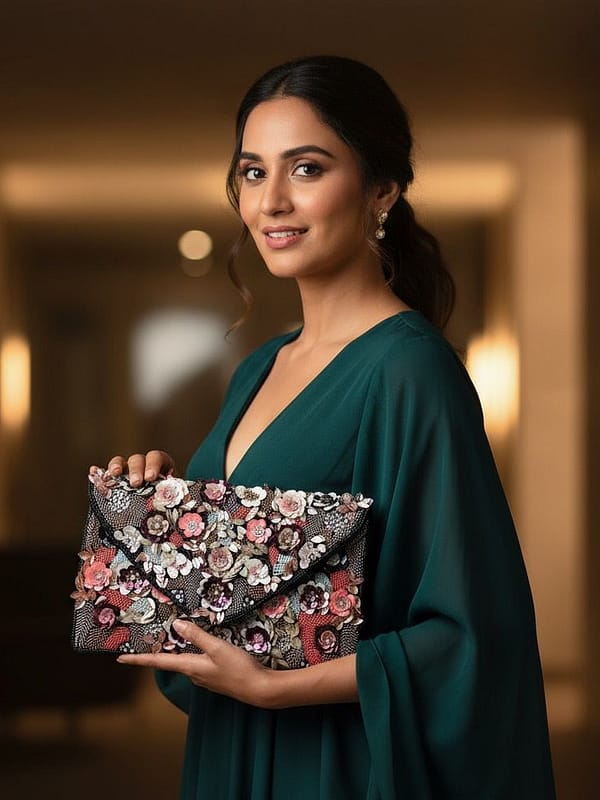 Midnight Bloom Handcrafted Floral Beaded Clutch