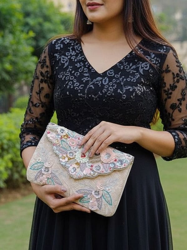 Pastel Garden Handcrafted Floral Embroidered Clutch