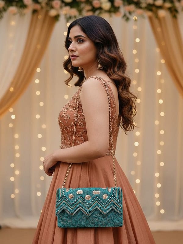 Emerald Zigzag Beaded Clutch
