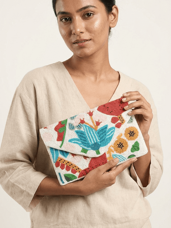 Floral Beaded Envelope Clutch with Chain Strap