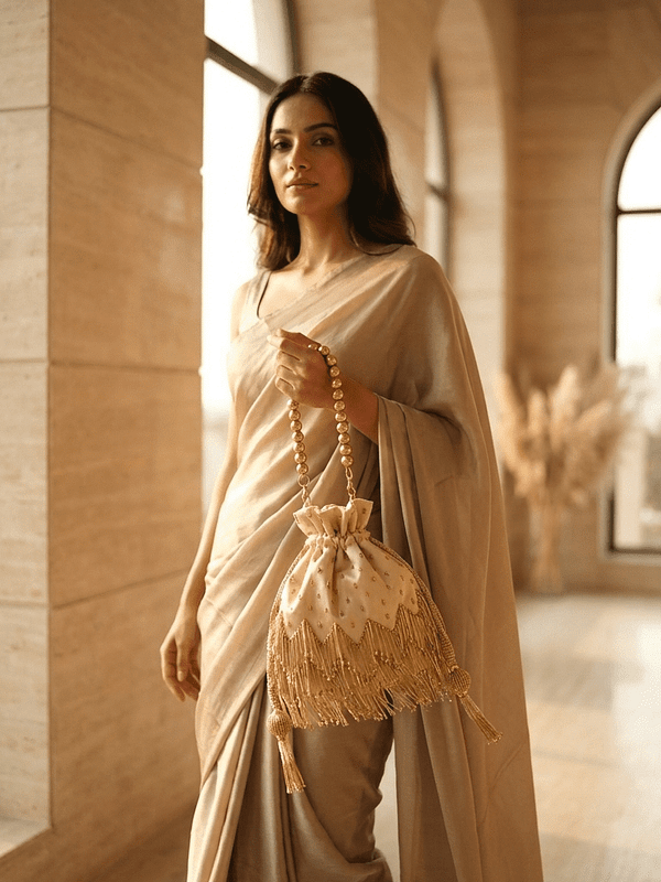 Golden Pearl Handle Potli Bag