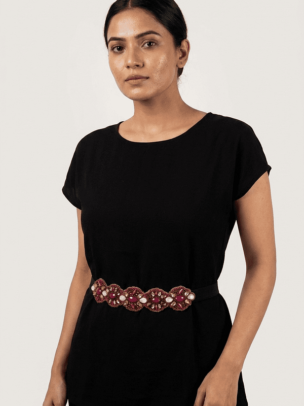 Ruby Red Floral Embellished Stretch Waist Belt