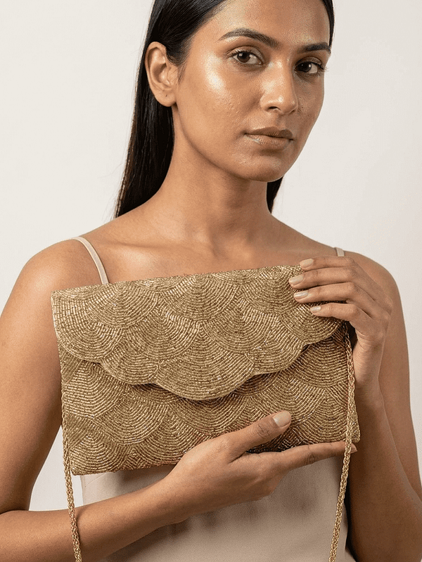 Golden Scallop Beaded Clutch Bag