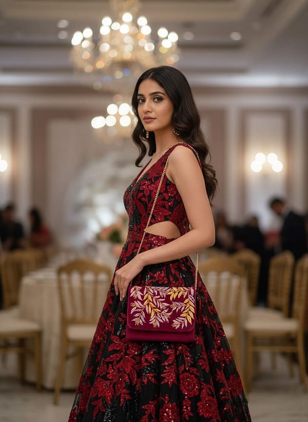 Wine Fern Handcrafted Embroidered Sling Clutch