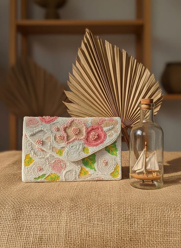 2822dfd0-a6b6-4e68-8b81-43558d5aead8 Ivory Bloom Handcrafted Floral Beaded Clutch