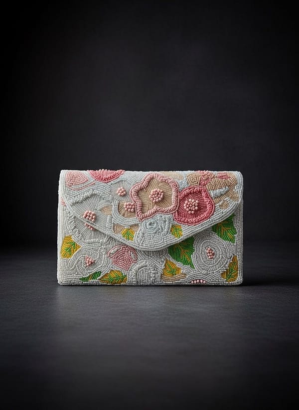 602ac1d1-dc1b-4455-aa12-a7dea2751adf Ivory Bloom Handcrafted Floral Beaded Clutch