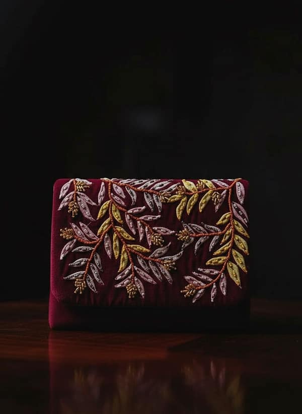 Wine Fern Handcrafted Embroidered Sling Clutch