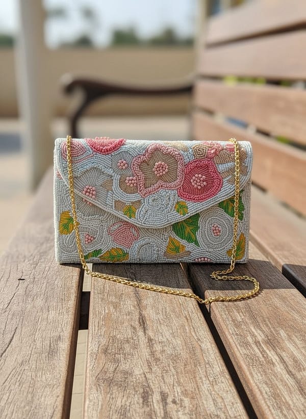 ce4c0219-57f6-442a-a63a-fe4a9b2803f3 Ivory Bloom Handcrafted Floral Beaded Clutch
