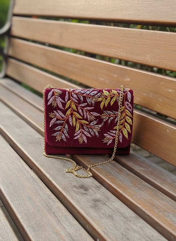 Wine Fern Handcrafted Embroidered Sling Clutch