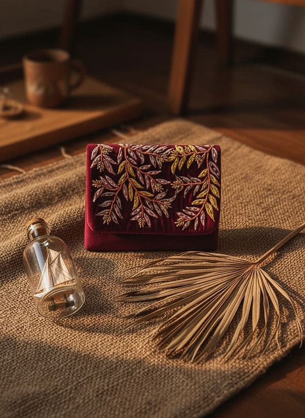 Wine Fern Handcrafted Embroidered Sling Clutch