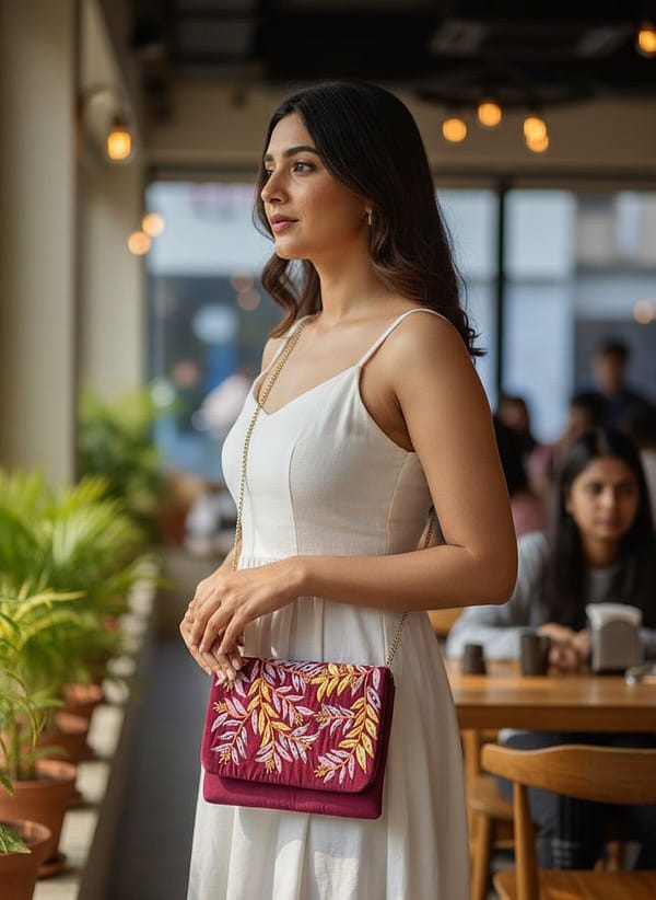 Wine Fern Handcrafted Embroidered Sling Clutch