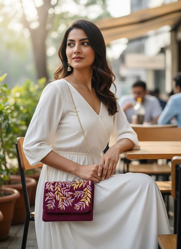Wine Fern Handcrafted Embroidered Sling Clutch