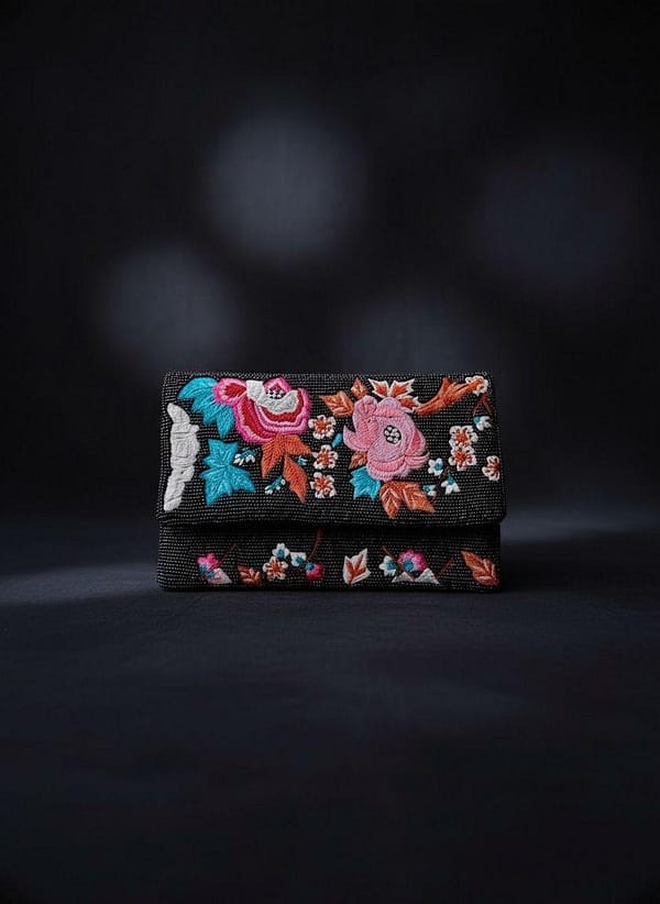 J Floral Embroidered Clutch Bag